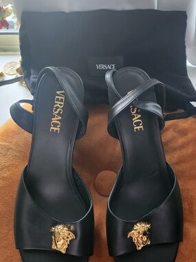 Authentic Never-worn Versace Black and Gold Leather Medusa Strap Sandals